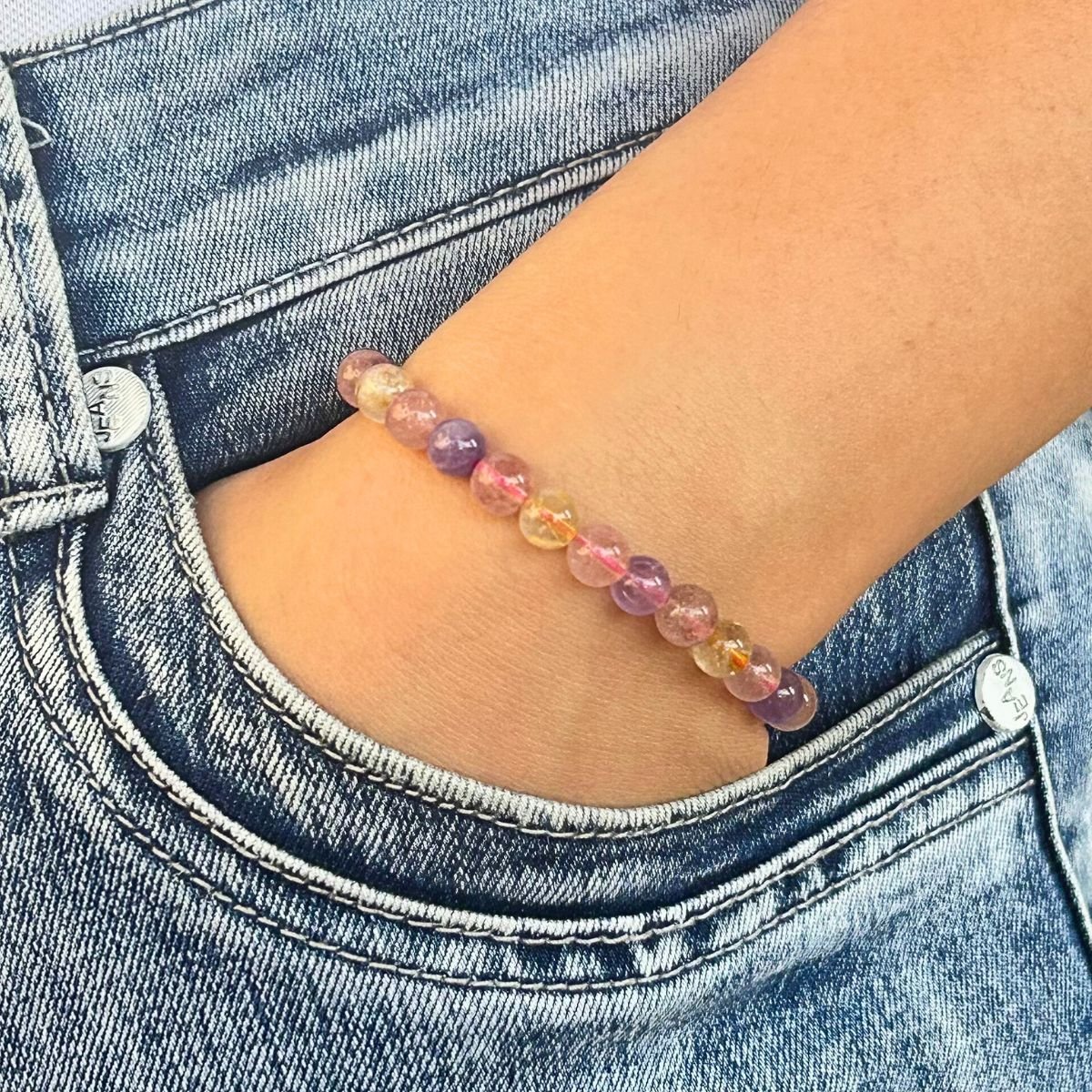 Bracelet 6mm - Améthyste, Quartz Rutile et Quartz Fraise