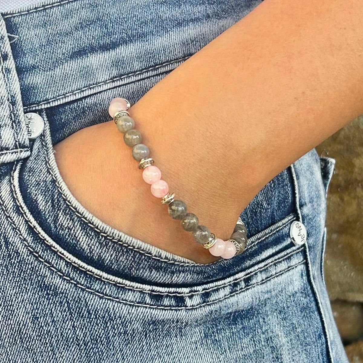 Bracelet 6mm - Labradorite et Quartz rose