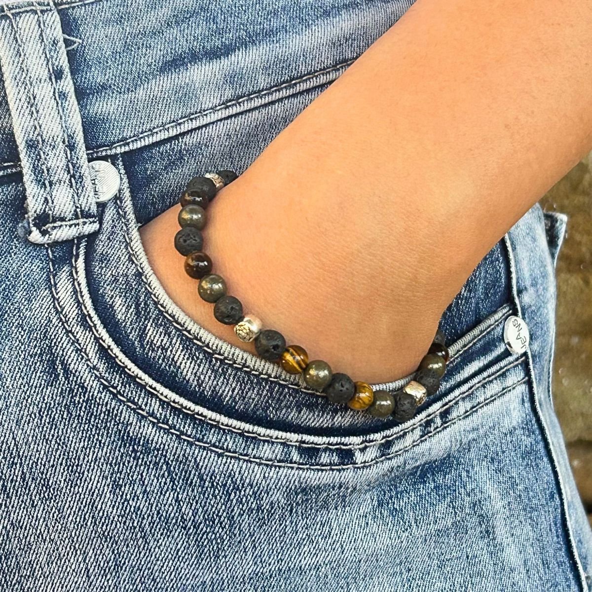 Bracelet 6mm - Œil de Tigre, Pyrite et Pierre de Lave