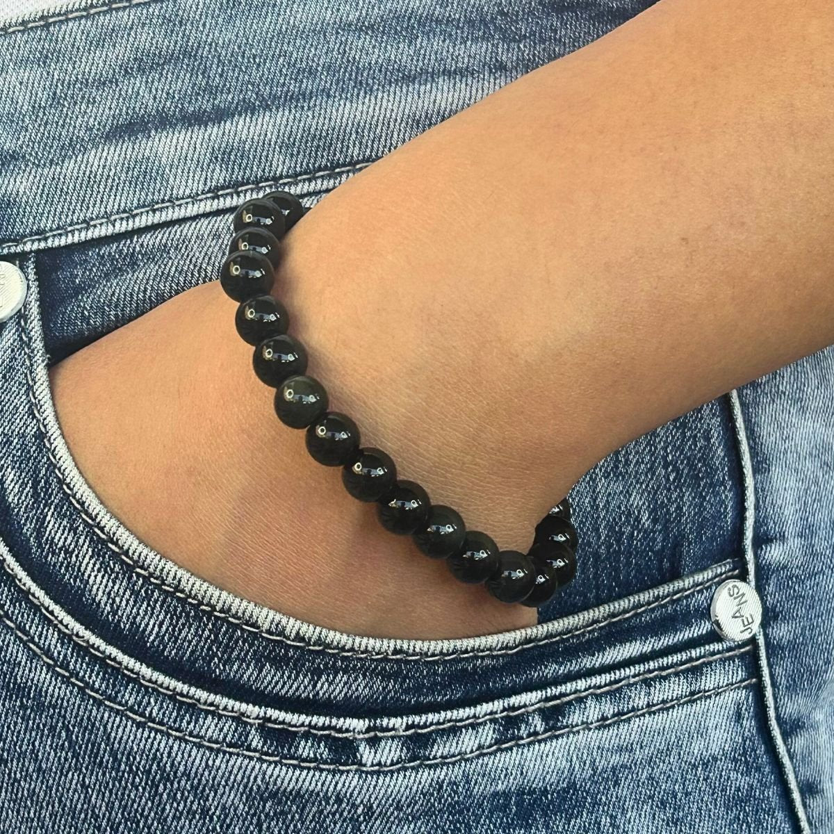 Bracelet 8mm - Obsidienne Noire Dorée