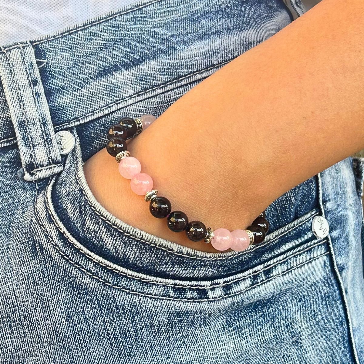 Bracelet 8mm - Quartz rose et Grenat Rouge