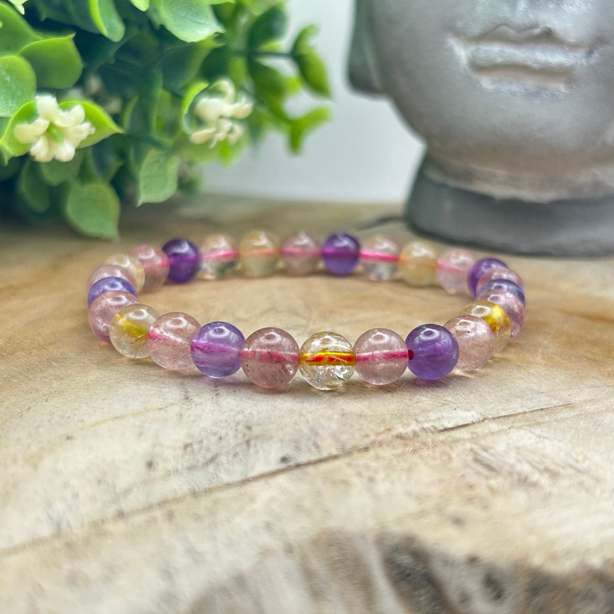 Bracelet 6mm - Améthyste, Quartz Rutile et Quartz Fraise