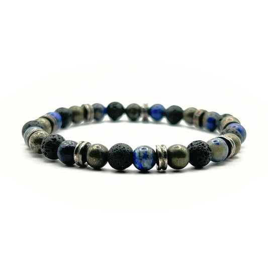 Bracelet 6mm - Lapis-Lazuli, Pyrite et Pierre de Lave