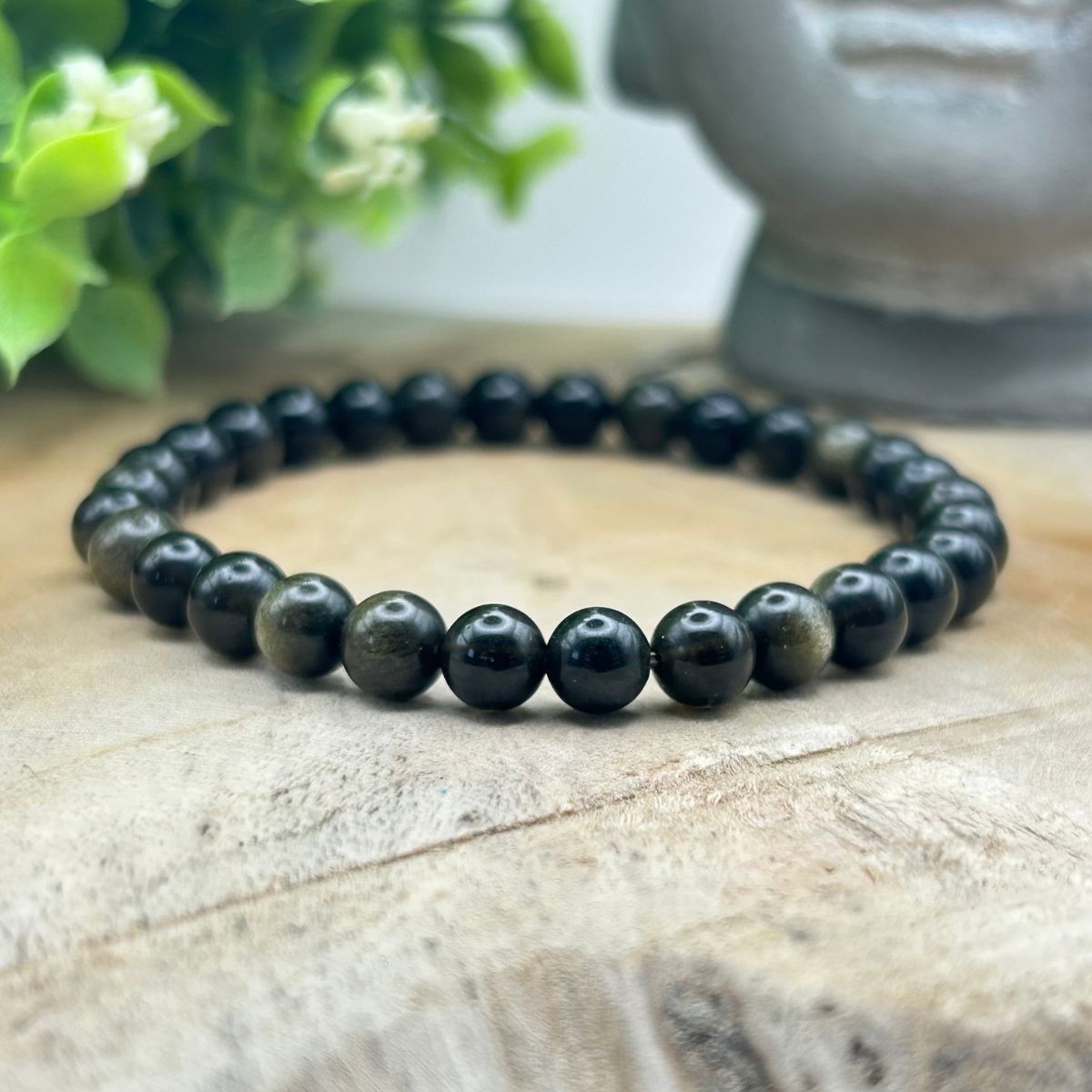 Bracelet 6mm - Obsidienne Noire Dorée