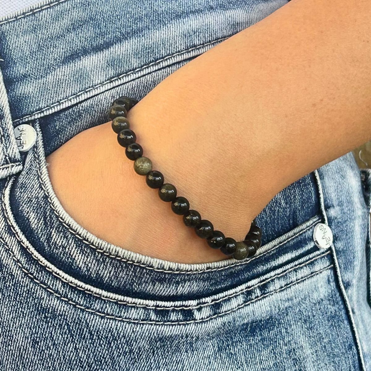Bracelet 6mm - Obsidienne Noire Dorée