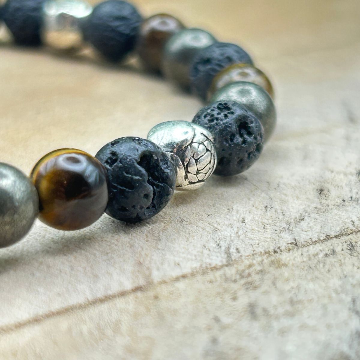 Bracelet 6mm - Œil de Tigre, Pyrite et Pierre de Lave