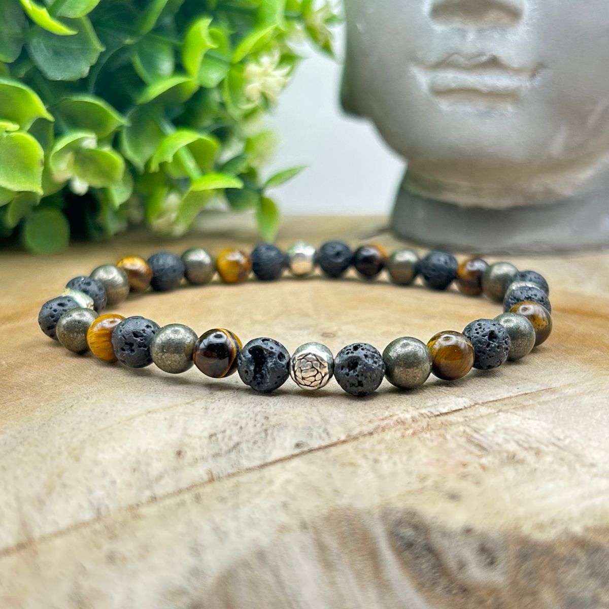 Bracelet 6mm - Œil de Tigre, Pyrite et Pierre de Lave