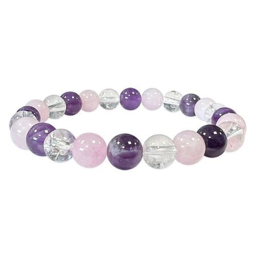 Bracelet en améthyste, cristal de roche et quartz rose, perles de 8 mm, sur fond blanc