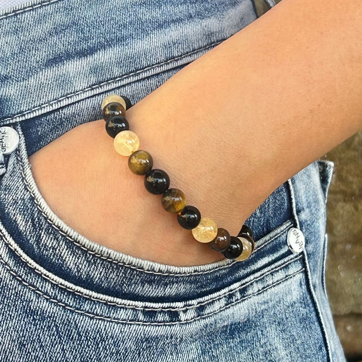 Bracelet 8mm - Citrine chauffée, Œil du Tigre, Obsidienne Noire